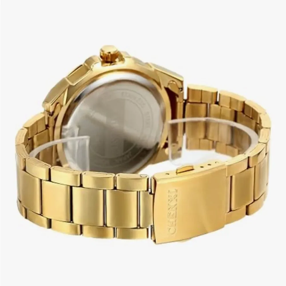 Gold Stainless Steel Luxury Watch Unisex Analog Quartz Chronographic Black Dial